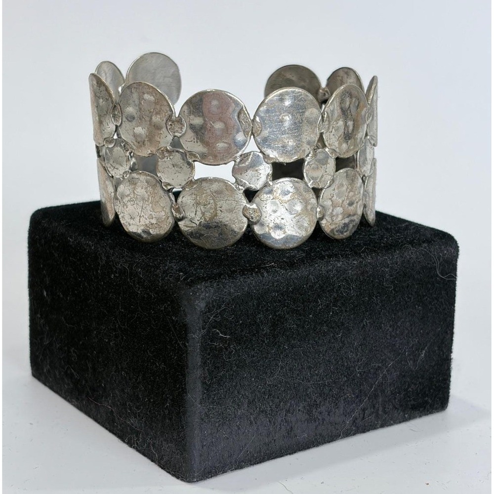 Brutalist Modernist Hammered Disc Cuff Bracelet Silver‎ Tone Wide Statement